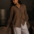 Brown Textured Tie-Cuff Button-Up Blouse