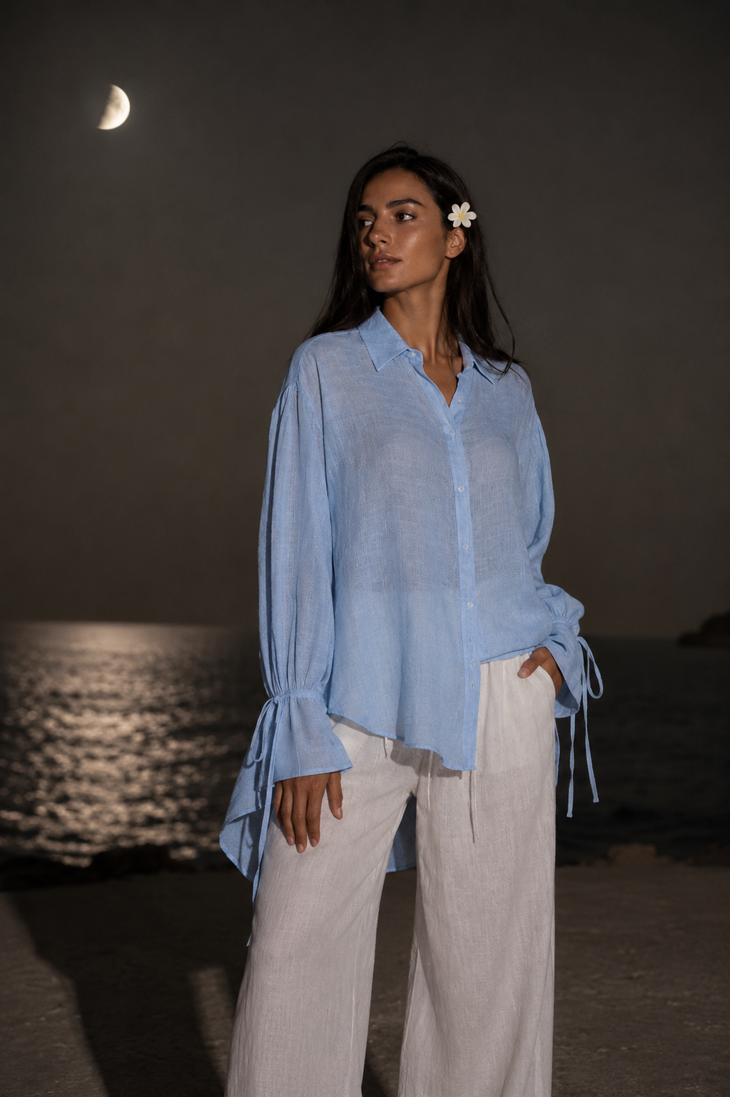 Blue Textured Tie-Cuff Button-Up Blouse