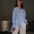 Blue Textured Tie-Cuff Button-Up Blouse