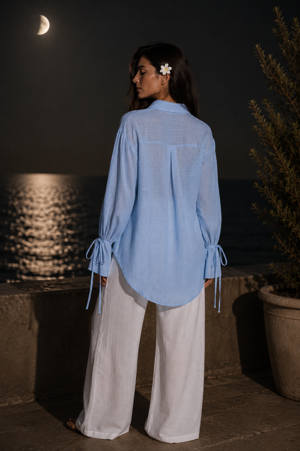 Blue Textured Tie-Cuff Button-Up Blouse