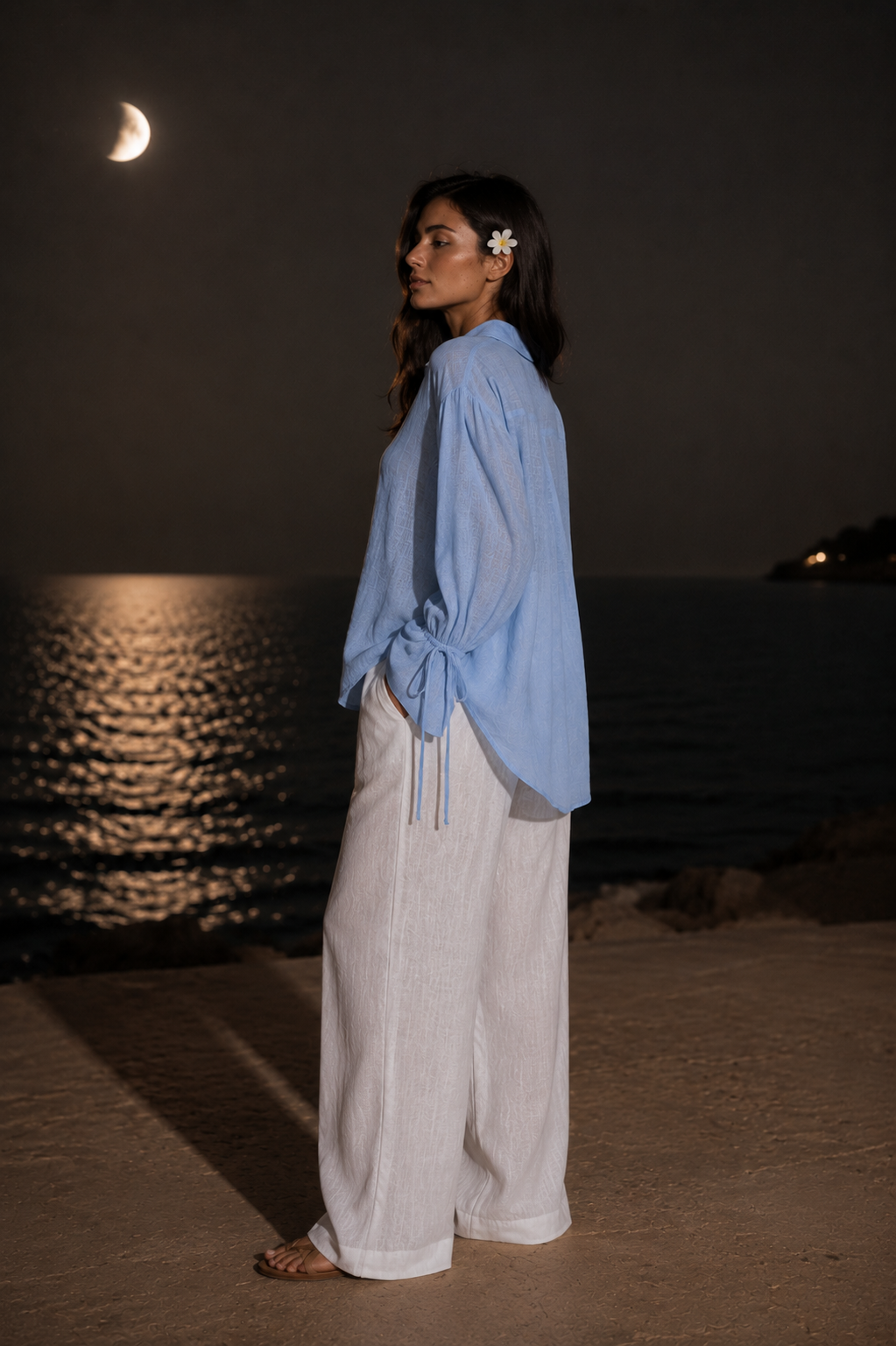 Blue Textured Tie-Cuff Button-Up Blouse