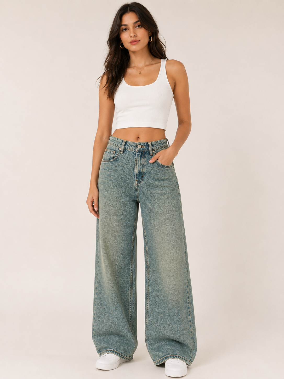 Green Washed Double Wide Leg Jeans
