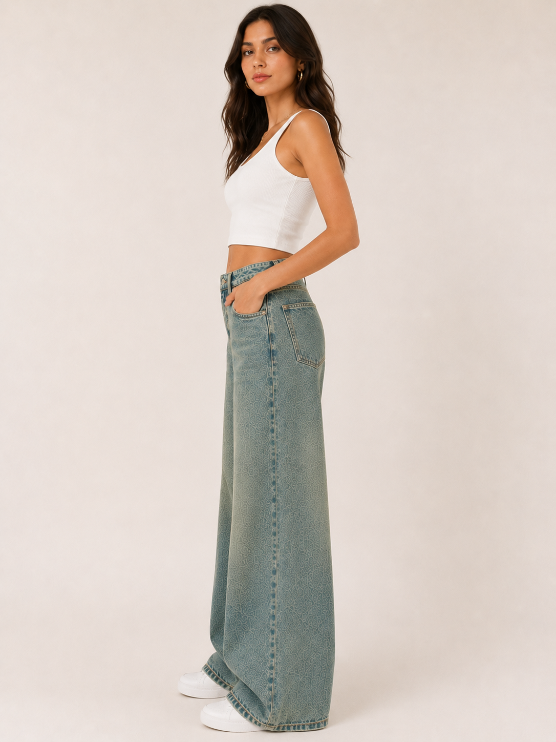 Green Washed Double Wide Leg Jeans