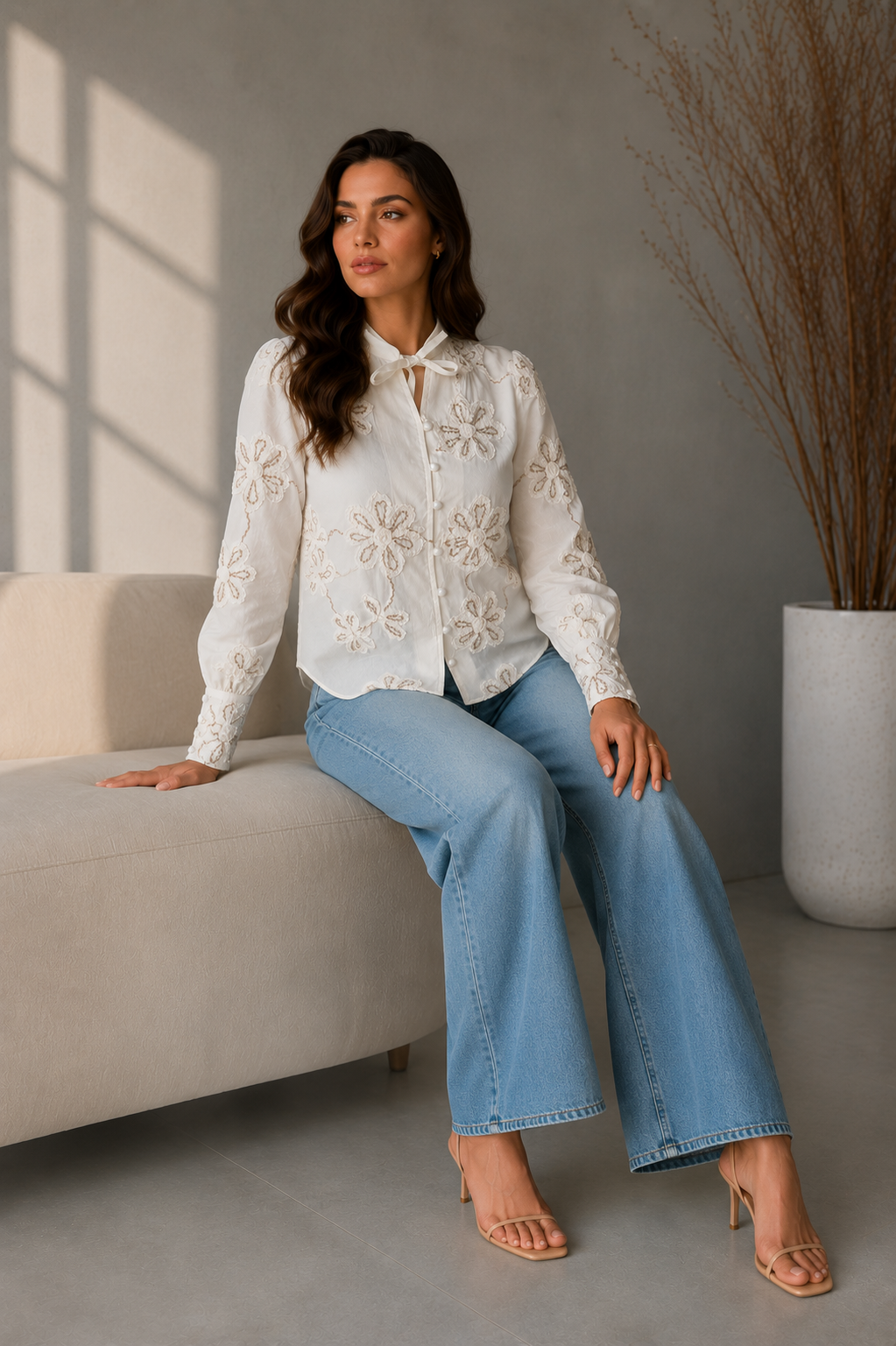 White Floral Embroidered Shirt