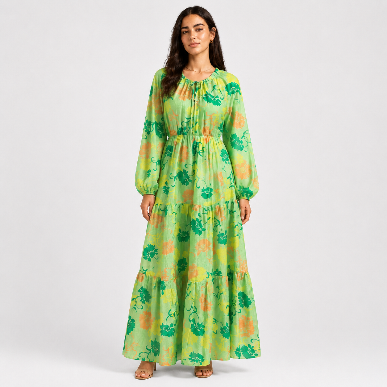 Green Floral Tiered Maxi Dress