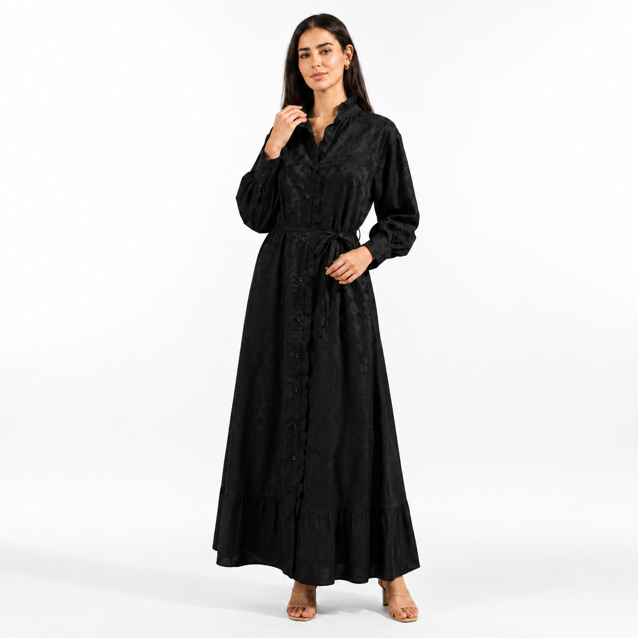 Maxi Dress with Waist Tie and Ruffle Details