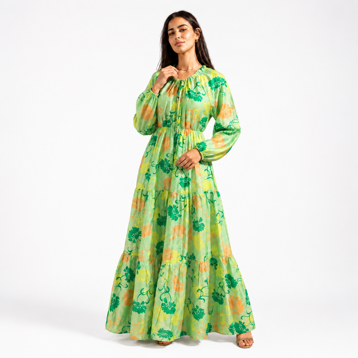 Green Floral Tiered Maxi Dress