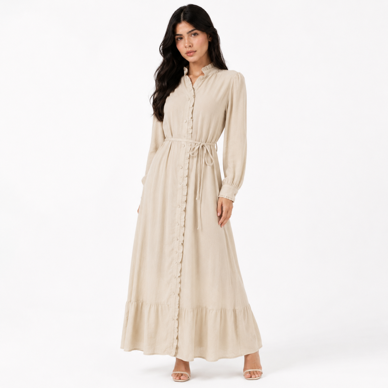 Maxi Dress with Waist Tie and Ruffle Details