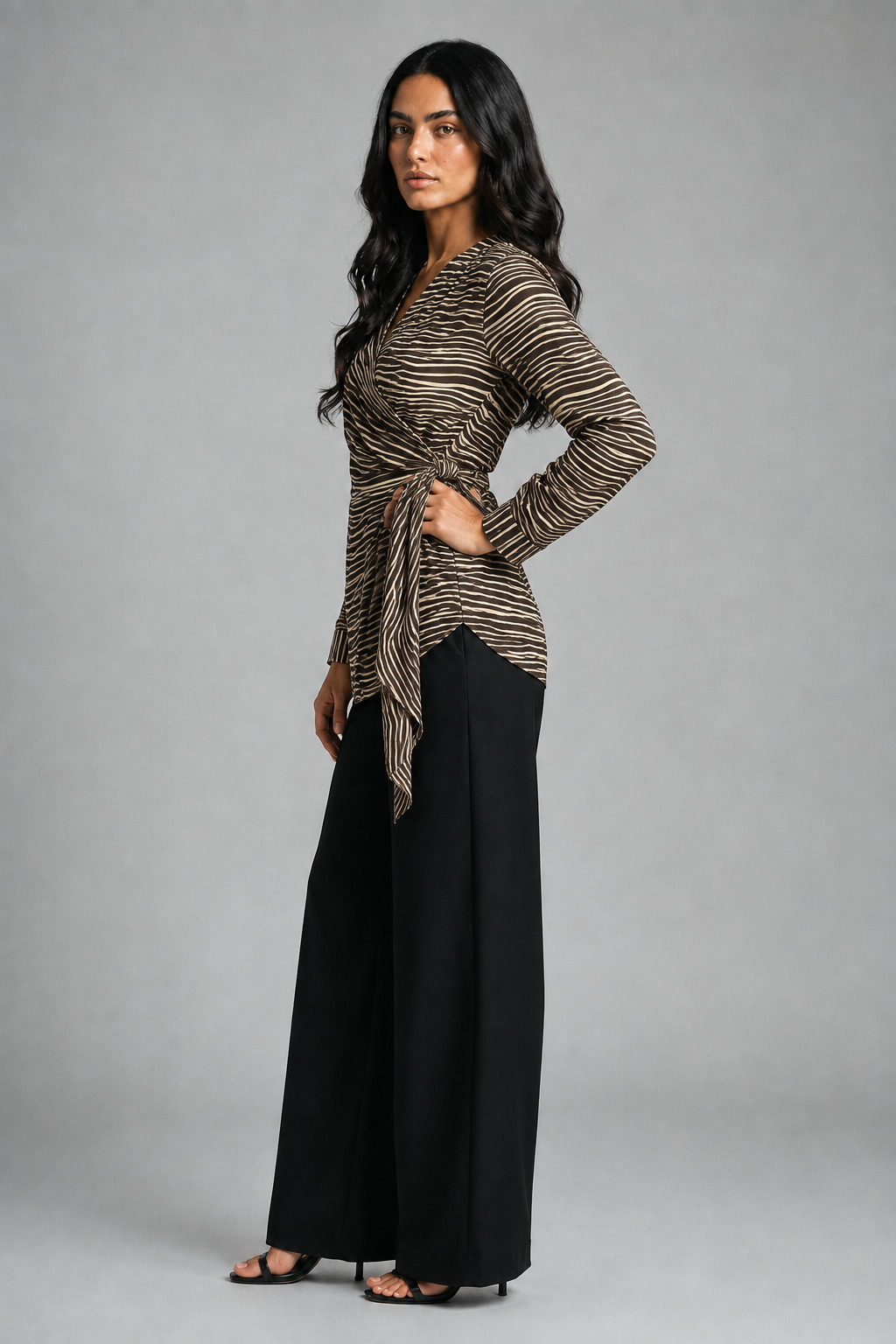 Black Striped Wrap Blouse