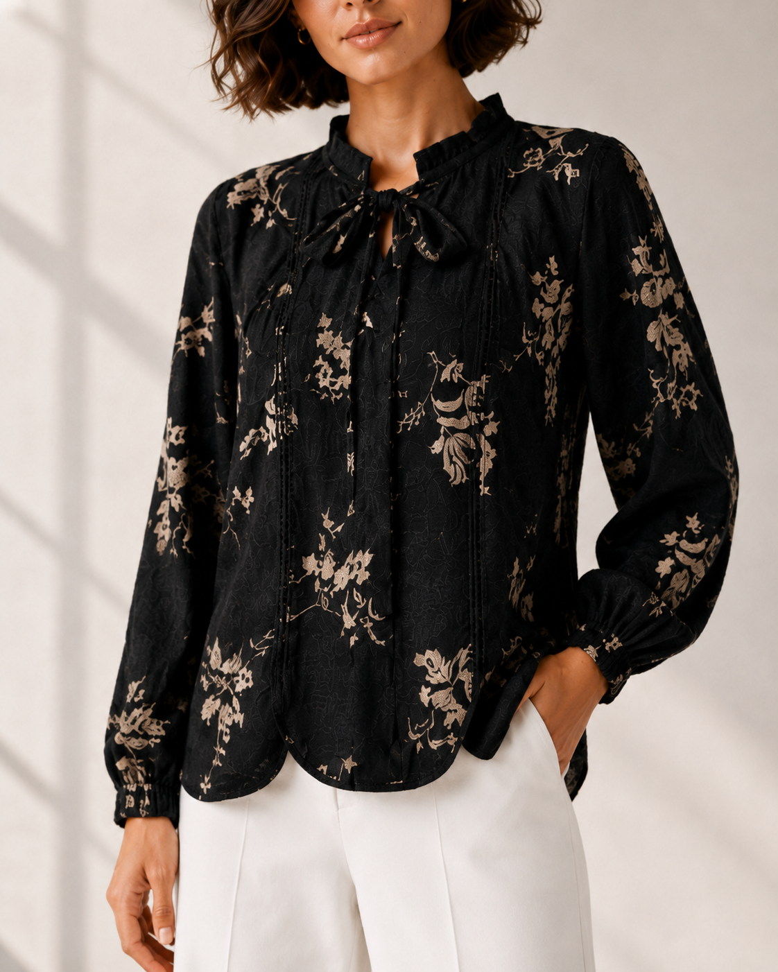 Black Blush Floral Ruffle Blouse