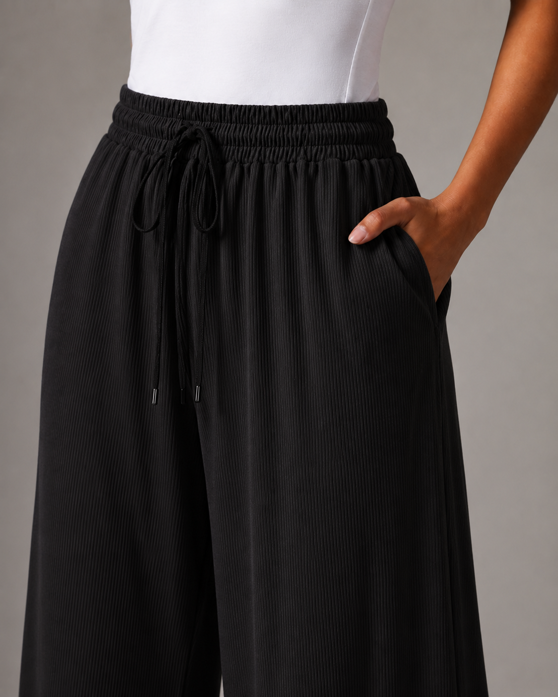 Black Rib Modal Wide-Leg Pants