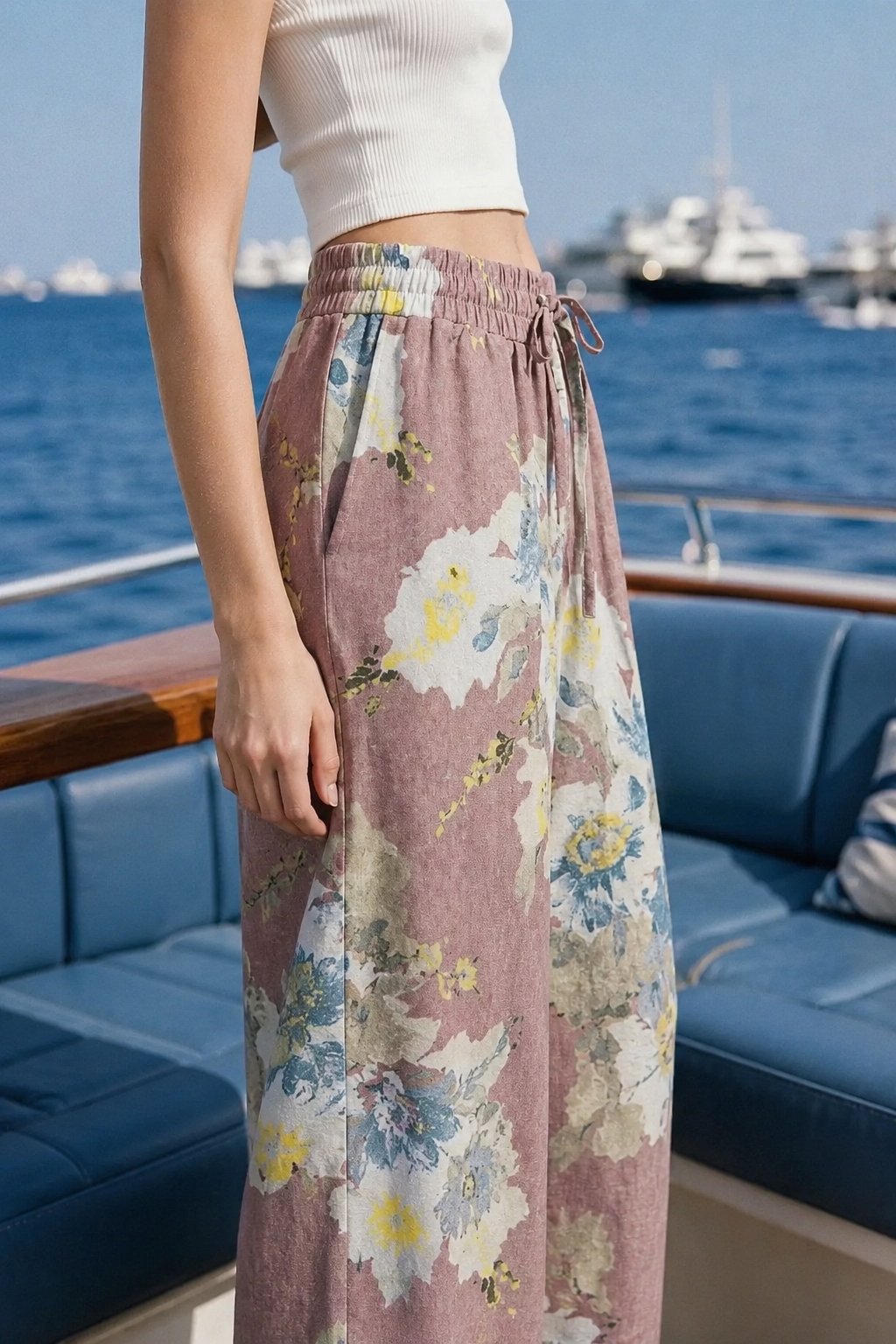 Dusty-Rose Floral Linen Pants