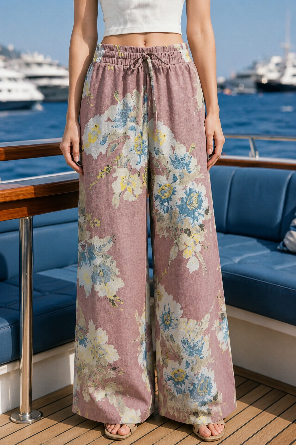 Dusty-Rose Floral Linen Pants