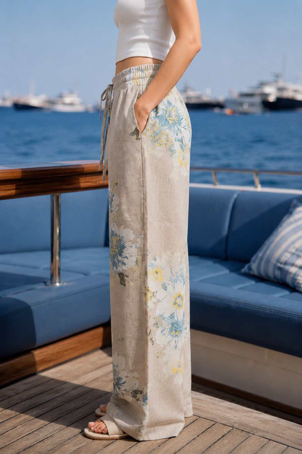 Beige Floral Linen Pants