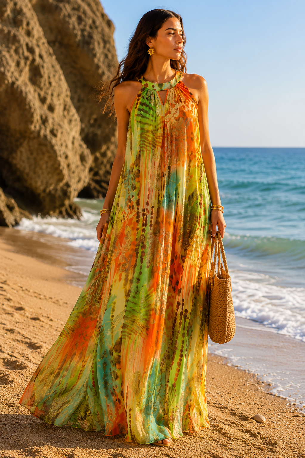 Lemon Sunset Printed Maxi Dress