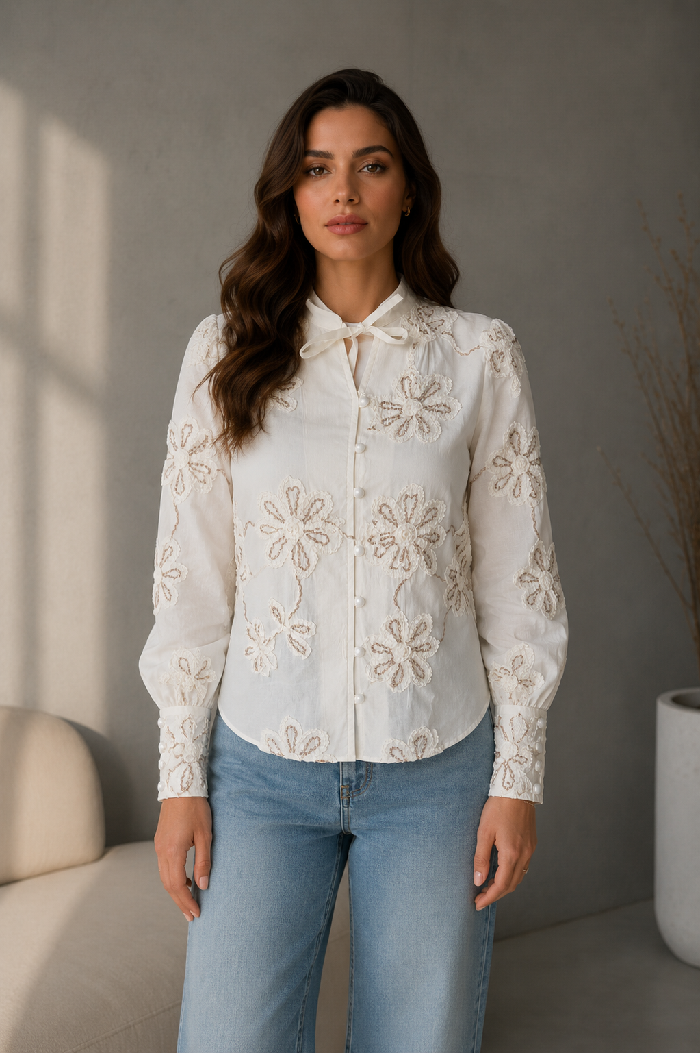 White Floral Embroidered Shirt
