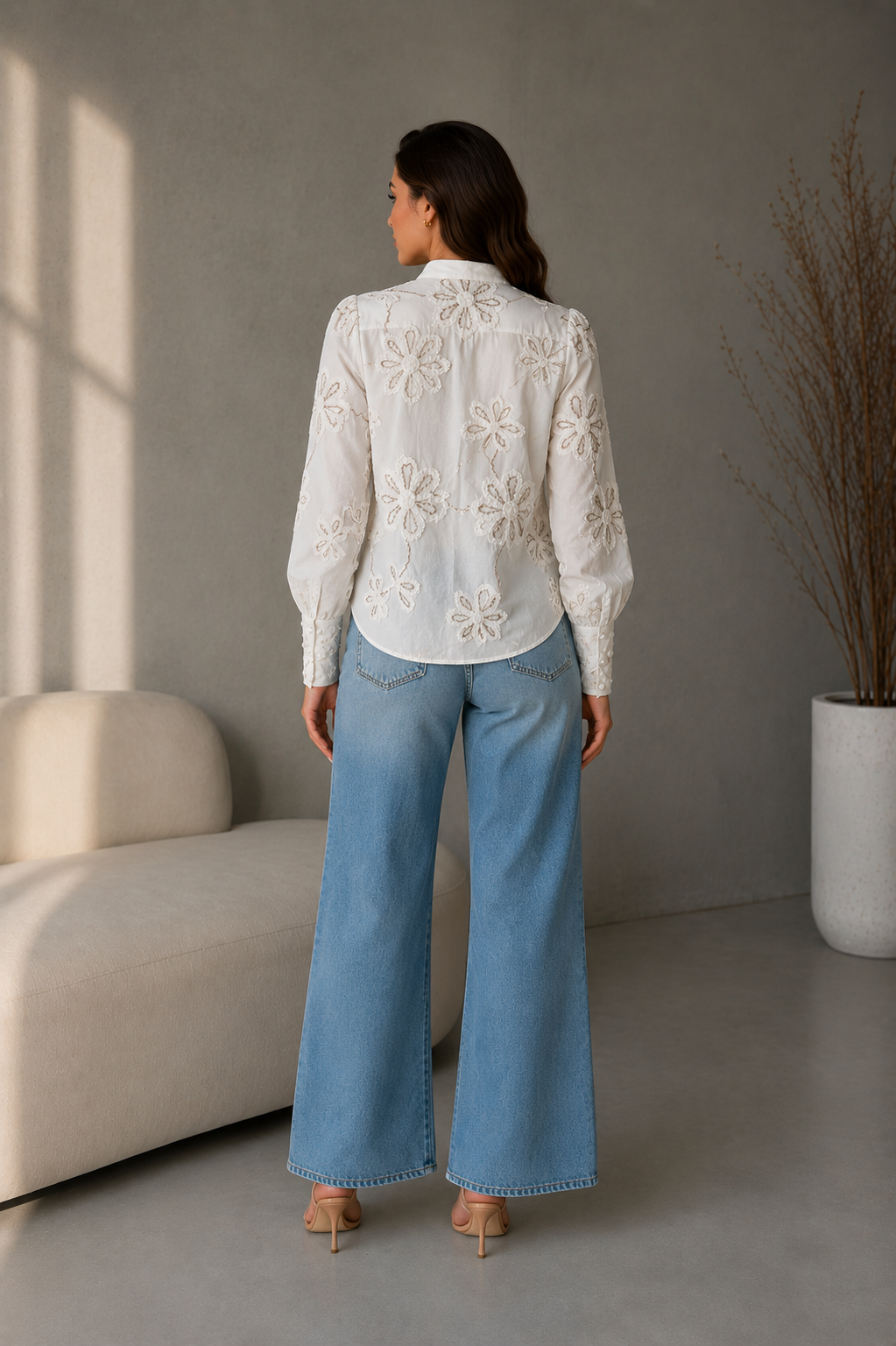 White Floral Embroidered Shirt