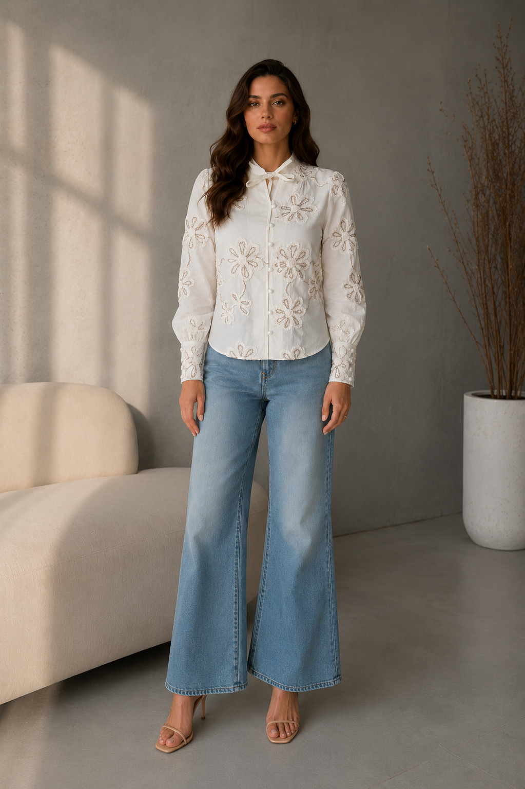 White Floral Embroidered Shirt
