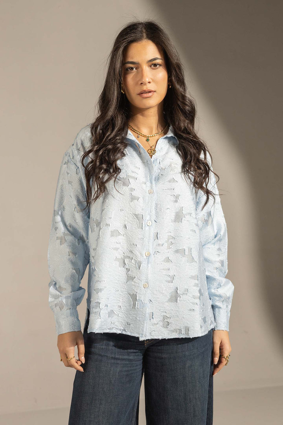 Blue Textured Relaxed Fit Button-Up Shirt