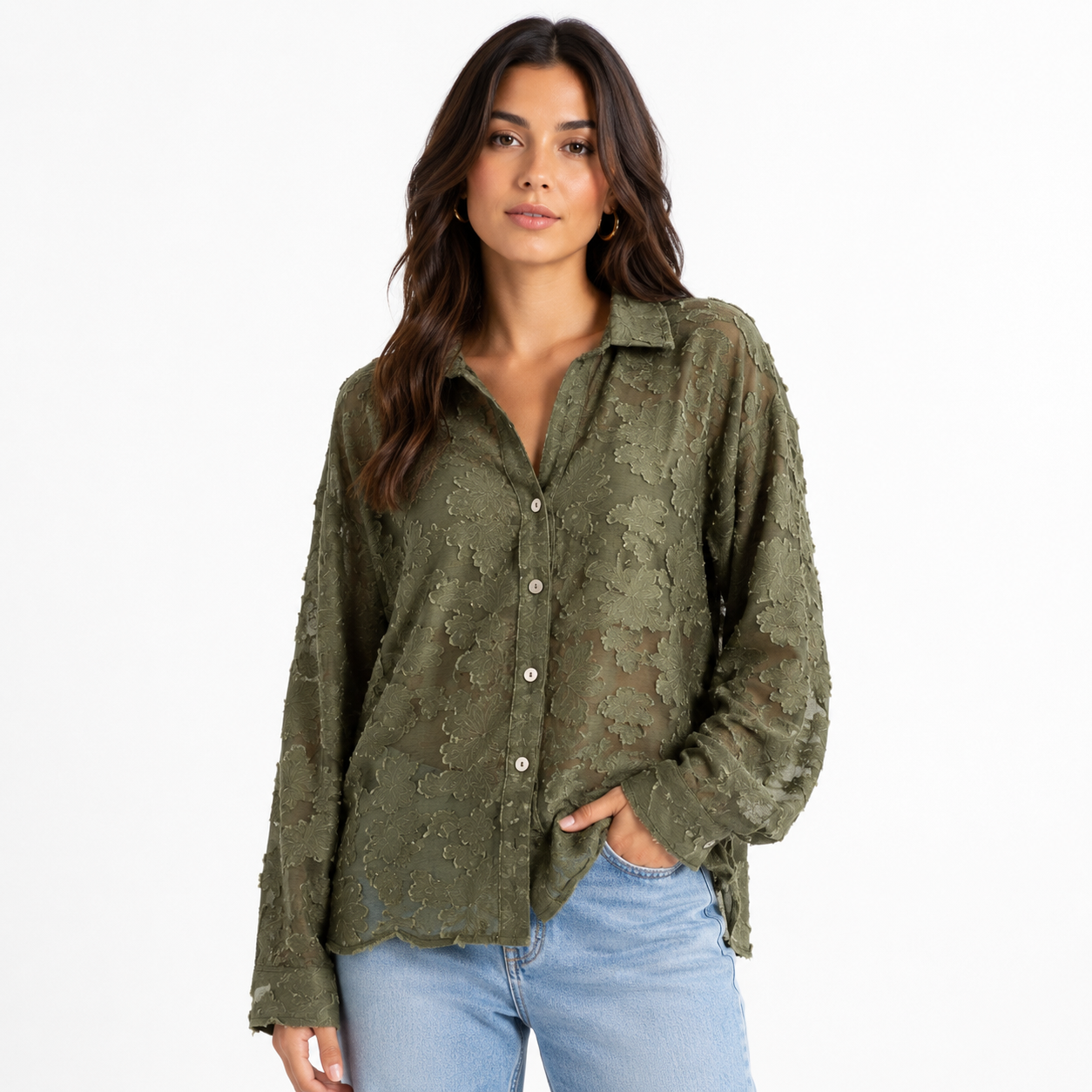 Olive Textured Relaxed Fit Button-Up Shirt