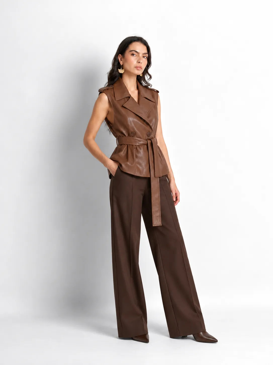 Coffee Brown Faux Leather Belted Vest