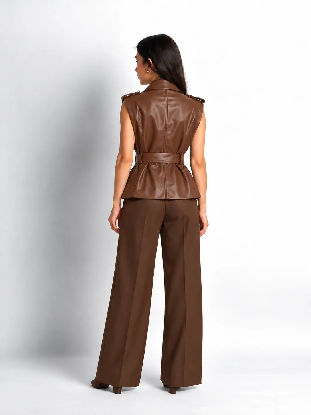 Coffee Brown Faux Leather Belted Vest