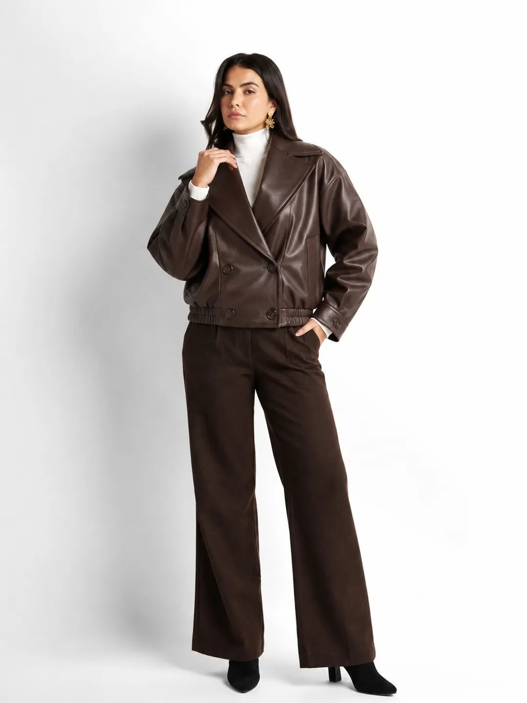 Brown Faux Leather Bomber Jacket