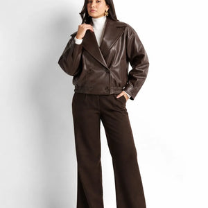 Brown Faux Leather Bomber Jacket