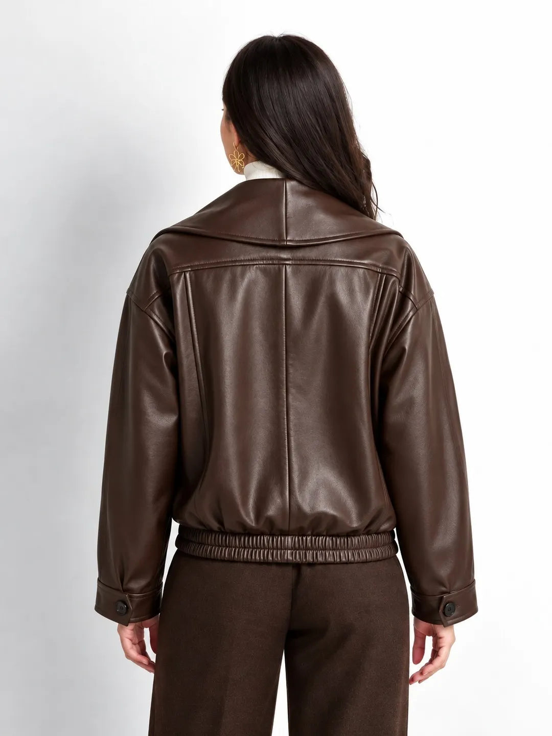Brown Faux Leather Bomber Jacket