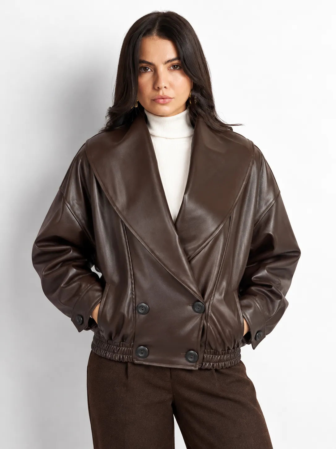 Brown Faux Leather Bomber Jacket