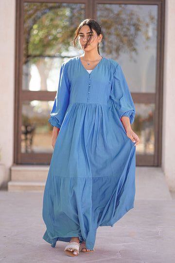 Blue Plain Linen Dress With Buttons