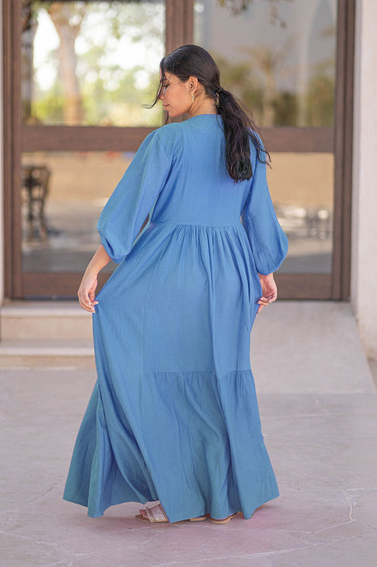 Blue Plain Linen Dress With Buttons