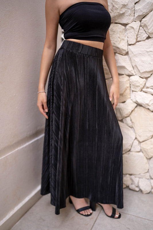 Black Plissé Women Long Skirt