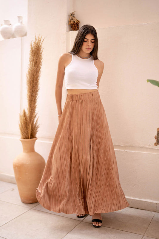 Brown Plissé Women Long Skirt