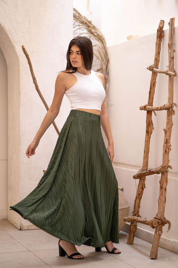 Green Plissé Women Long Skirt