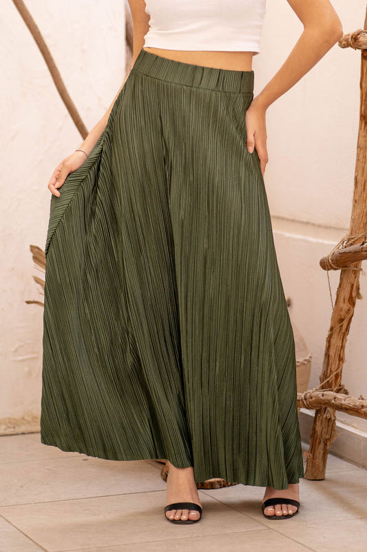 Green Plissé Women Long Skirt