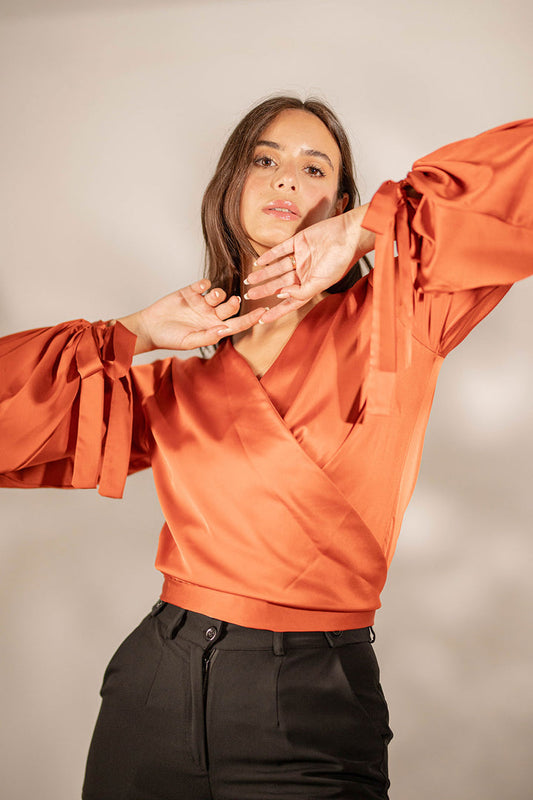 Orange Wrap Satin Blouse