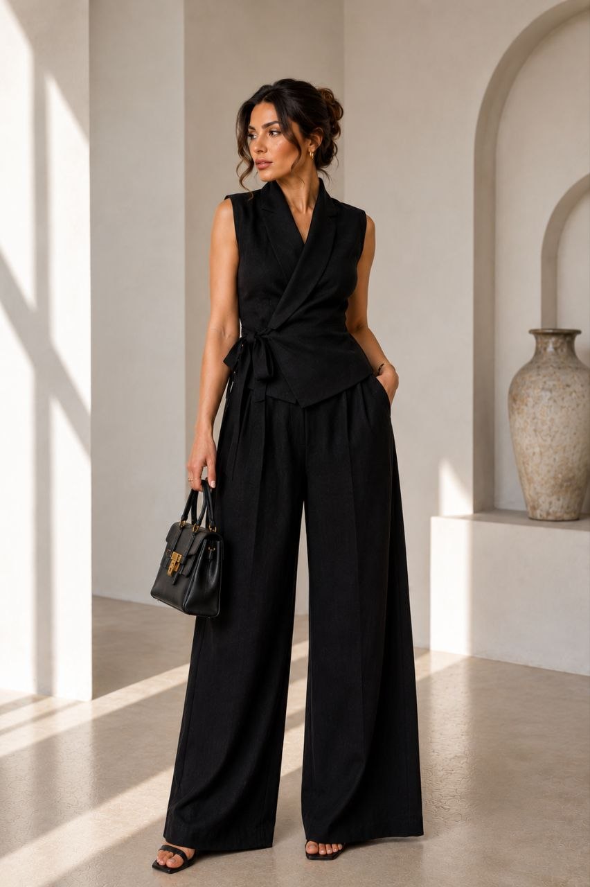 Black Linen Wrap Suit