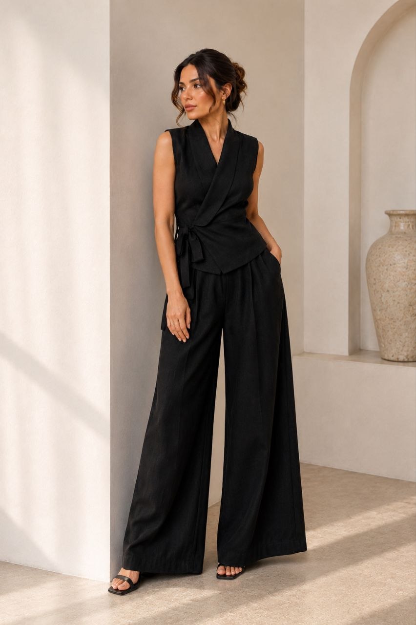 Black Linen Wrap Suit