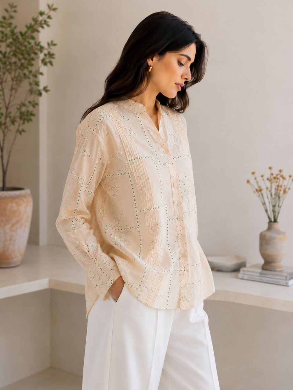 Peach Bloom Embroidered Ment Shirt