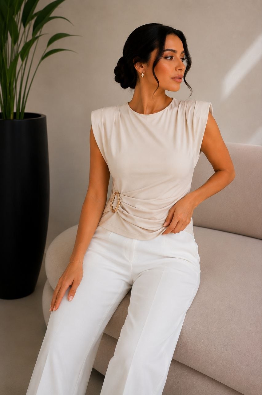 Ivory Drape Beige Buckle Top