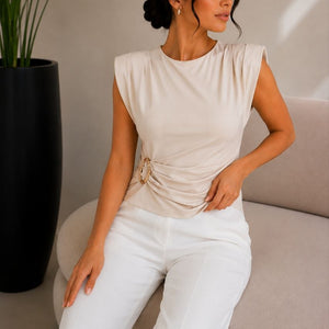 Ivory Drape Beige Buckle Top