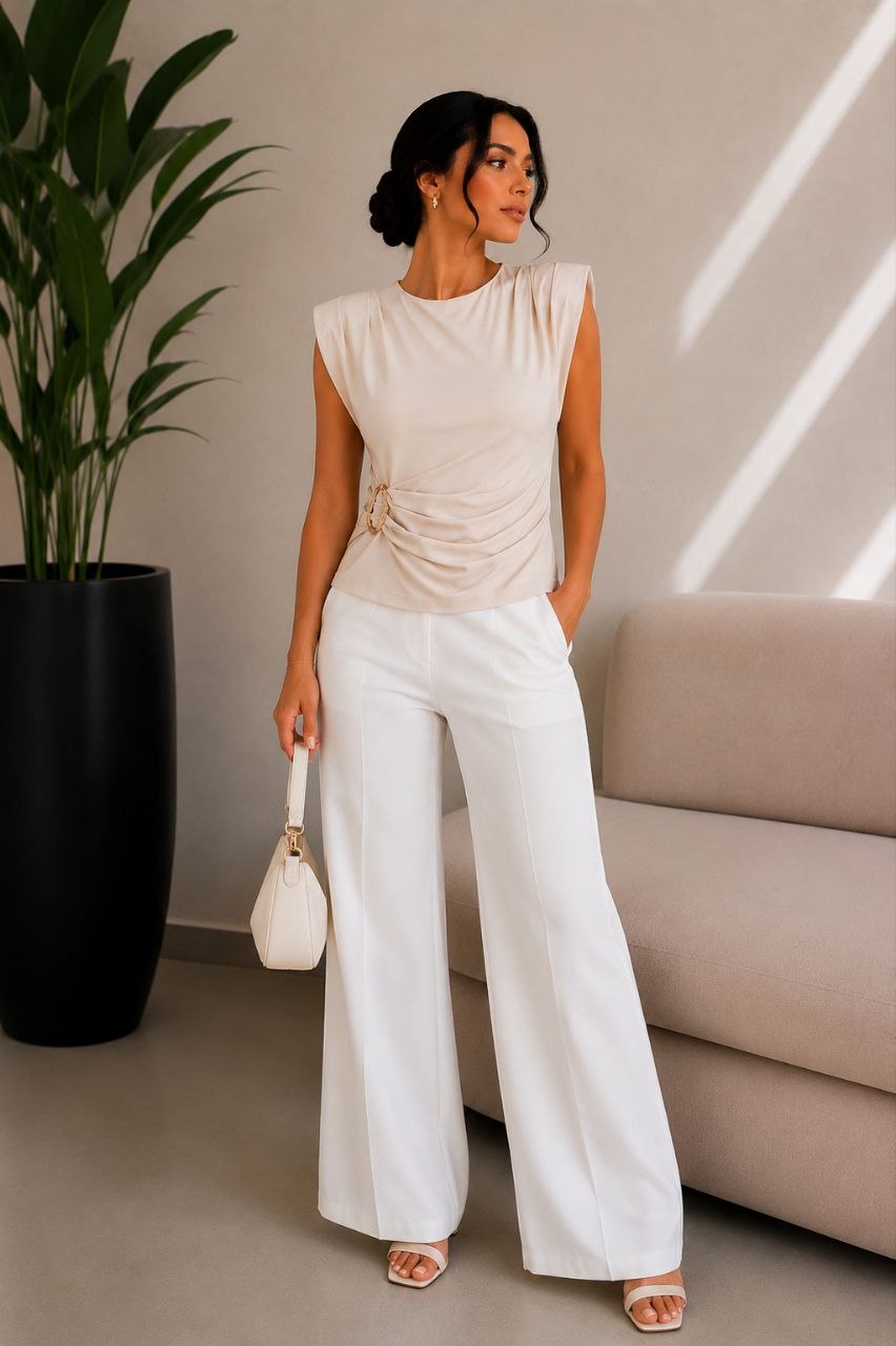 Ivory Drape Beige Buckle Top