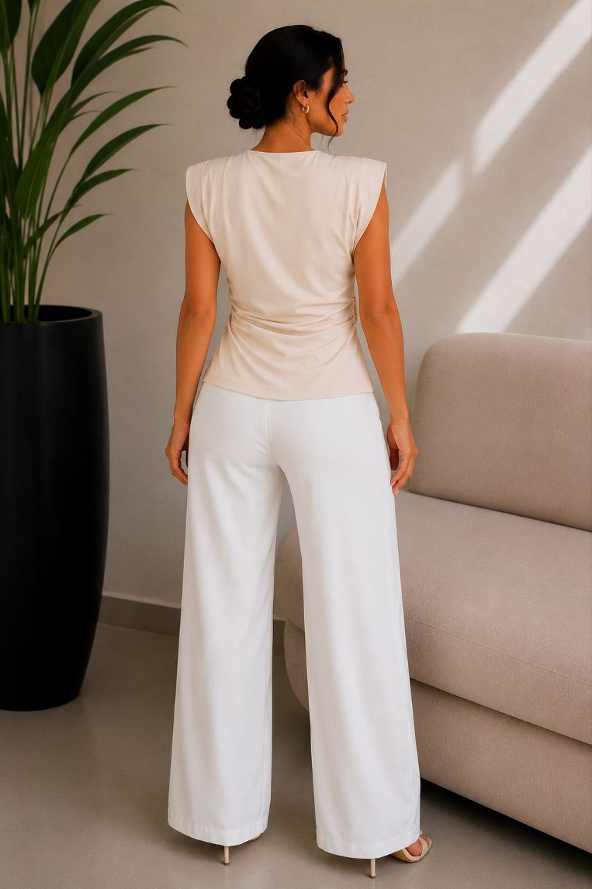 Ivory Drape Beige Buckle Top