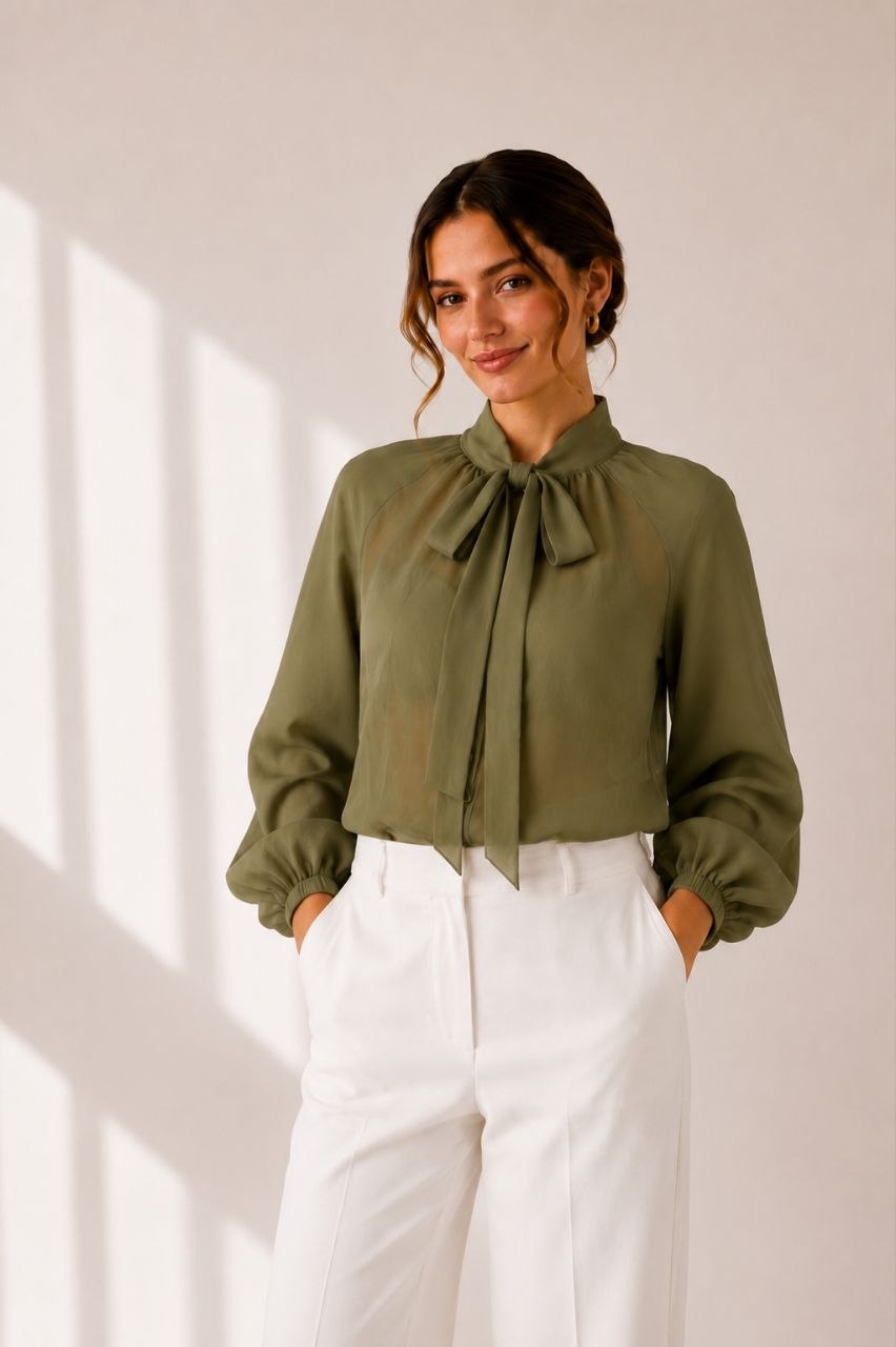 Sunlit Bow Olive Blouse