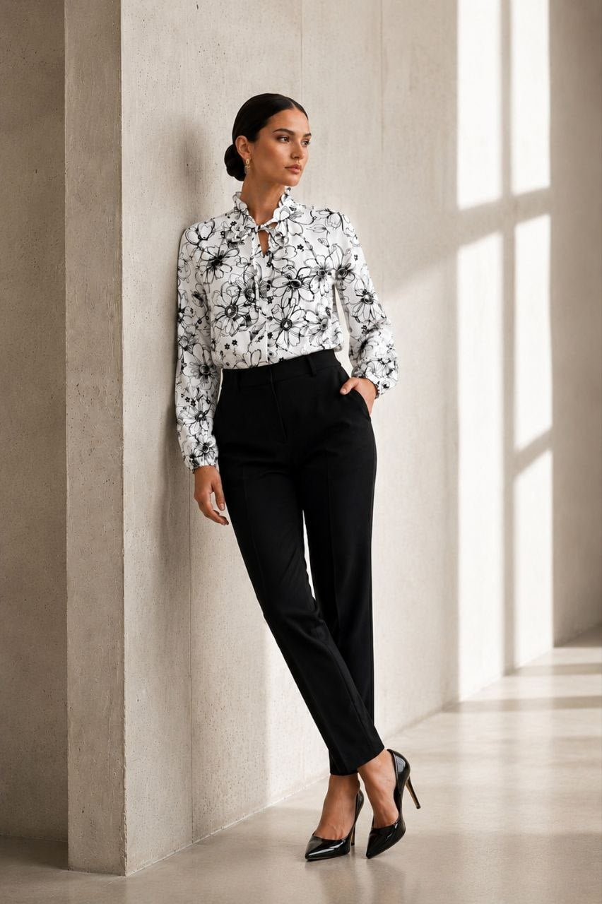 Monochrome Bloom White Blouse