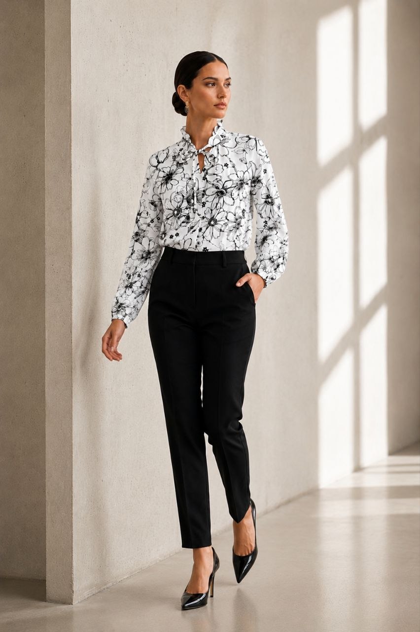 Monochrome Bloom White Blouse