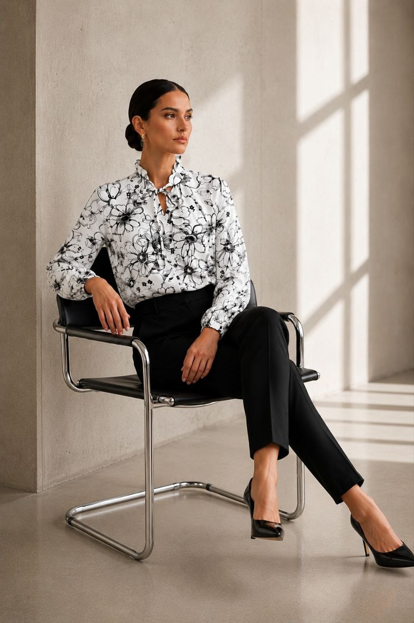 Monochrome Bloom White Blouse