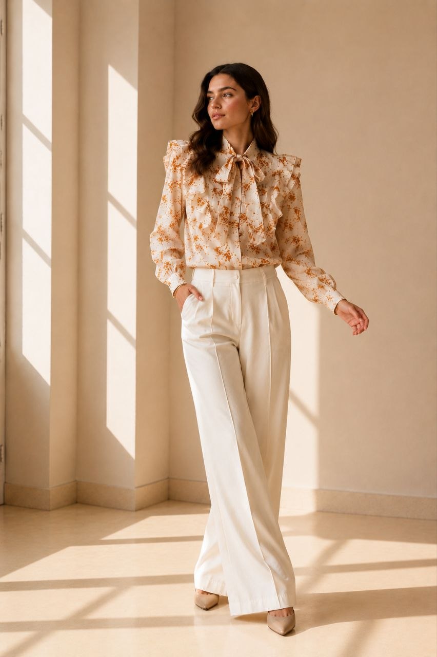 Beige Coral Bloom Ruffle Blouse