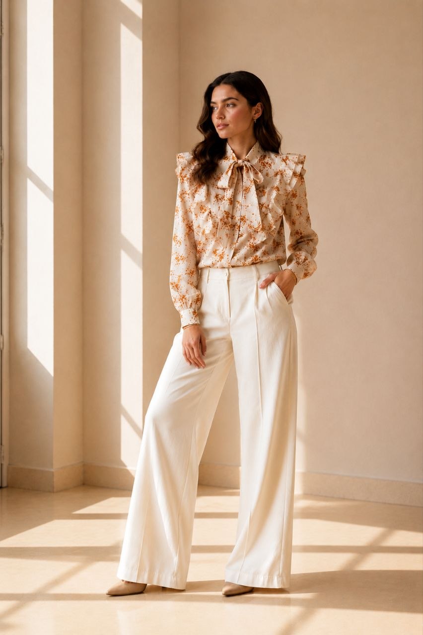Beige Coral Bloom Ruffle Blouse